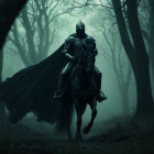 Cloaked Figure on Horse in Foggy Forest Scene