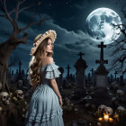 Young Woman in Moonlit Graveyard with Blue Dress
