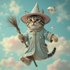 Tabby Cat Magician Flying in Cloudy Sky with Broom