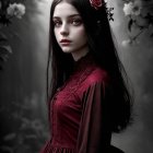 Young girl in burgundy dress with lace and roses