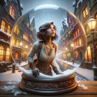 Young woman emerging from a broken snow globe scene