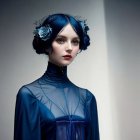 Young woman in royal blue dress with blue hair and eyes
