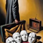 Figure with Suitcase and Masks in Mysterious Setting