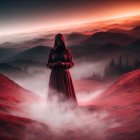 Mysterious Figure in Red Cloak in Foggy Landscape