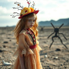 Young girl in whimsical dress in desolate landscape