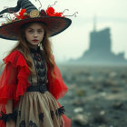 Young Woman in Witch Hat in Enchanted Landscape