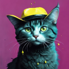Blue-Green Striped Cat with Yellow Cheese Hat and Text Theme
