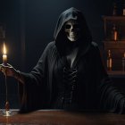 Cloaked Figure in Dimly Lit Bar with Skull Makeup