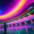 Astronaut in Vibrant Neon Sky Over Futuristic Landscape