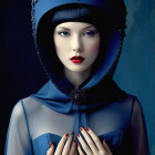 Striking Woman in Deep Blue Gown and Headpiece