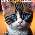 Tabby kitten with blue eyes and German New Year's message.