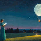Serene Landscape with Woman Reading Under Stars