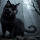 Black Cat in Misty Forest with Green Eyes and Shadows