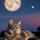 Majestic Cat Resting Under a Starry Night Sky
