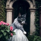 Regal Cat in Elegant Dress by Pink Roses and Archway