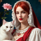 Young Woman in Traditional Outfit with White Cat