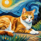 Orange and white cat on a flower-lined dirt path