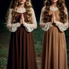 Young girls in vintage dresses in a serene forest