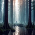 Serene forest scene with mist and reflective pool