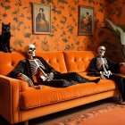 Skeletons in Black Robes in Orange Living Room Setting