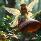 Fairy on Red Mushroom in Enchanted Forest Setting
