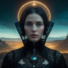 Woman in black lace shirt with gold halo in desert