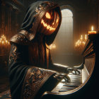 Cloaked Figure with Pumpkin Head at Grand Piano