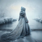 Cloaked Figure by Frozen River in Winter Scene