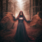 Mysterious Figure in Misty Forest with Fiery Wings