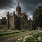 Majestic castle with towers and lush greenery backdrop