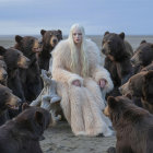Surreal Scene of Woman Surrounded by Brown Bears