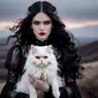 Woman in black dress with white cat in dramatic landscape