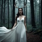 Mystical Woman in White Gown with Antlers in Forest