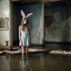Young girl in white dress with bunny ears in dark room