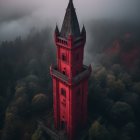 Gothic Red Tower in Foggy Forest Setting