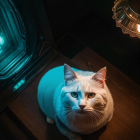 Fluffy White Cat with Blue Eyes on Wooden Surface