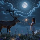 Young girl with sparkler and deer in moonlit field