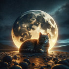 Tabby Cat Under Moonlit Night Sky with Stars