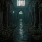 Abandoned Cathedral with Stained Glass and Vegetation