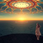 Woman in rocky landscape under cosmic phenomenon