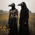 Surreal Landscape with Figures in Black Dresses and Masks