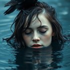 Young Woman in Water with Crow in Misty Background