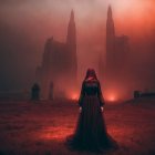 Mysterious Figure in Dark Gown in Crimson Landscape