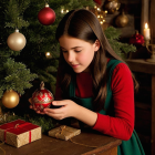 Young woman with Christmas tree and ornate ornament