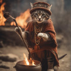 Wise Cat in Traditional Attire Stirring a Cauldron
