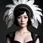 Young Woman in Elegant Headdress and Black Lace Outfit
