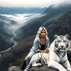 Misty Valley with Young Woman and White Tiger