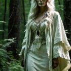 Woman in Antler Crown in Enchanted Forest Setting