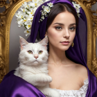 Young woman in purple with white cat and flowers