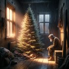 Elderly Man by Christmas Tree in Dimly Lit Room